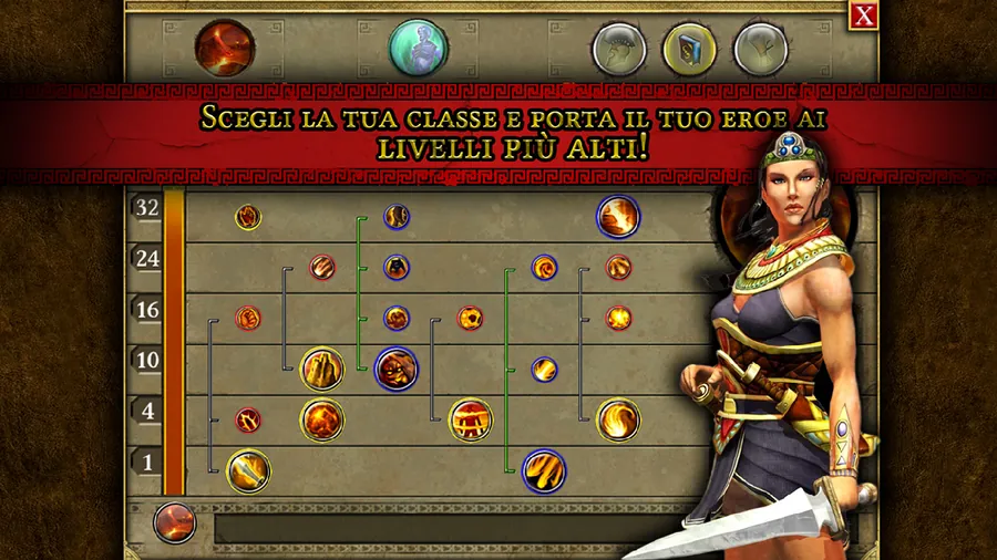 Albero delle abilità di Titan Quest con soglie ai livelli 1, 4, 10, 16, 24 e 32 e un'eroina con pugnale