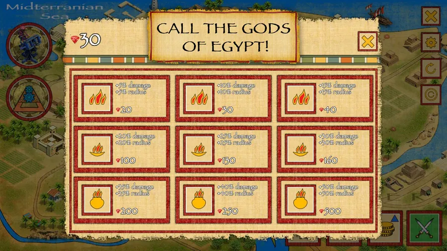 Pannello Call the Gods of Egypt con nove poteri di fuoco da più 5 a più 50 per cento, da 20 a 500 gemme