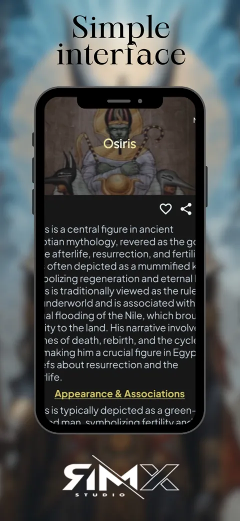 Schermata dell'app con la scheda di Osiride, un ritratto dal volto verde e il testo sul dio dell'aldilà